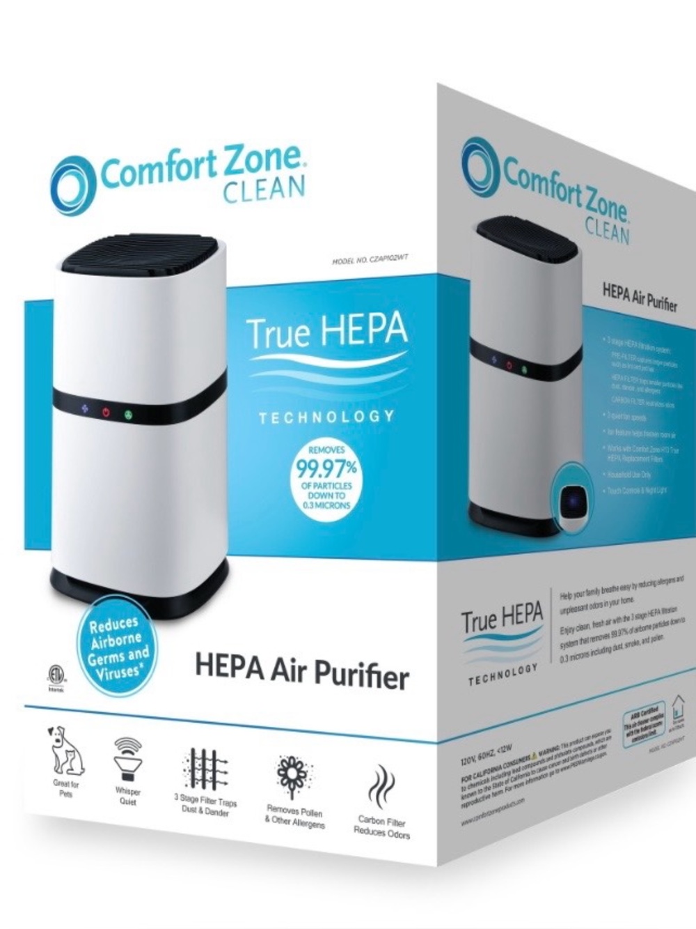 Comfort Zone White and Black Compact HEPA Air Purifier